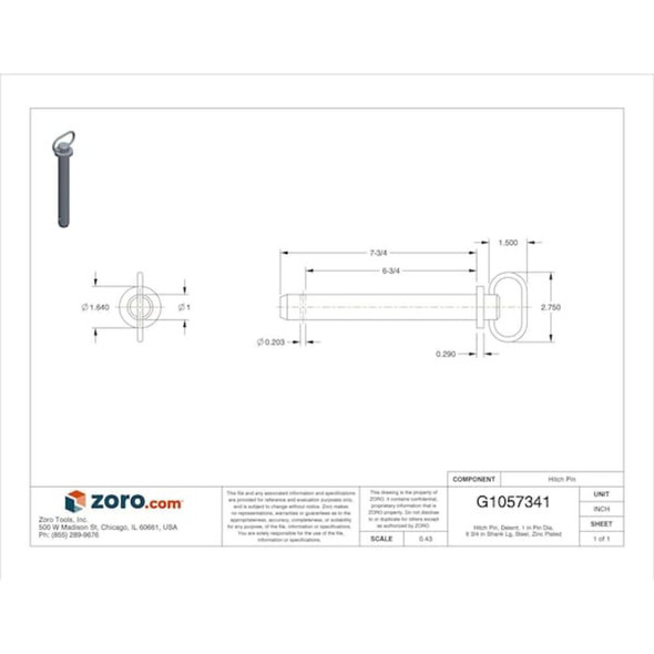 Detent Hitch Pin, 3 in Dia, 6-3-4 in Usable L, Steel, 1 PK  U39666.100.0700