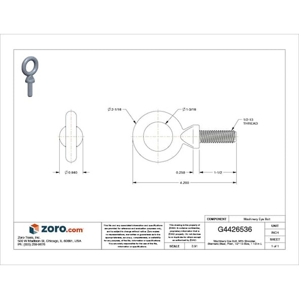 Ken Forging Eye Bolt With Shoulder, 1/2"-13, 1-1/2 in Shank, 1-3/16 in ID, Steel, Plain K2025-SS