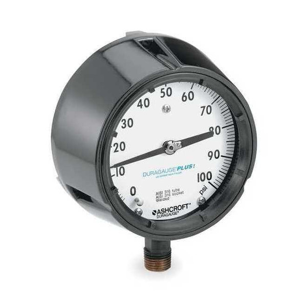 Process Pressure Gauge, 0 to 100 psi, 4 1/2 in Dial, 1/2 in NPT, Bottom Location