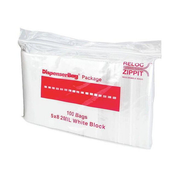 Reclosable Bag, Zip Seal, 8 in L, 5 in W, 2 mil Thick, Polyethylene, Clear