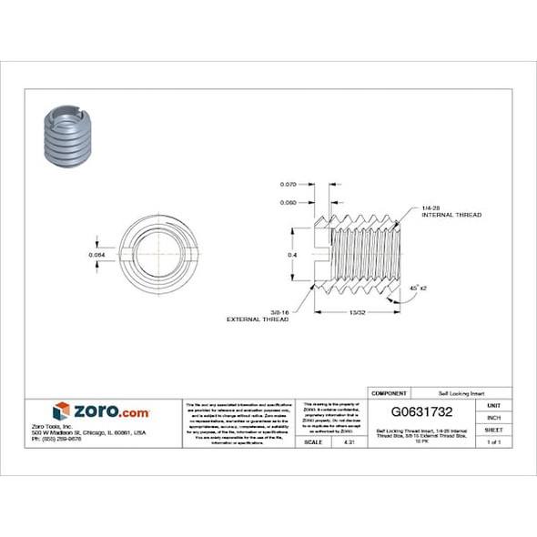 E-Z Lok Thin Wall Self Locking Thread Insert, 1/4"-28 Int Thrd Sz, Carbon Steel, 10 PK 319-428-PK10