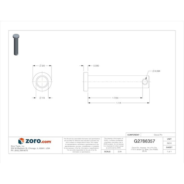 Clevis Pin, Headed, 1/4 in Pin Dia, 1 1/4 in Shank Lg, Steel, Zinc Plated, 25 PK