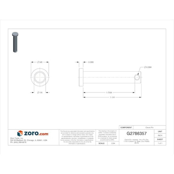 Clevis Pin, Headed, 1-4 in Pin Dia, 1 1-4 in Shank Lg, Steel, Zinc Plated, 25 PK  WWG-CLPZ-167