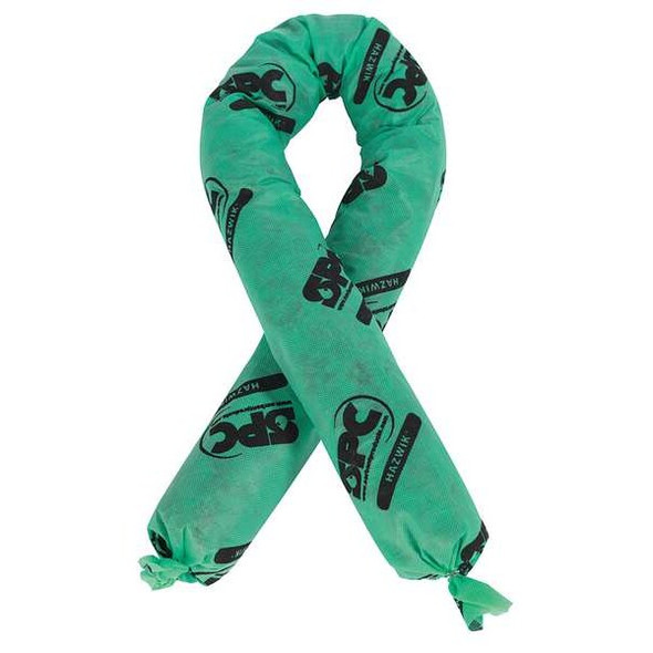 Brady Sorbent Sock, 12 gal, 3 in x 48 in, Harsh Chemicals, Green, 12 PK HAZ412