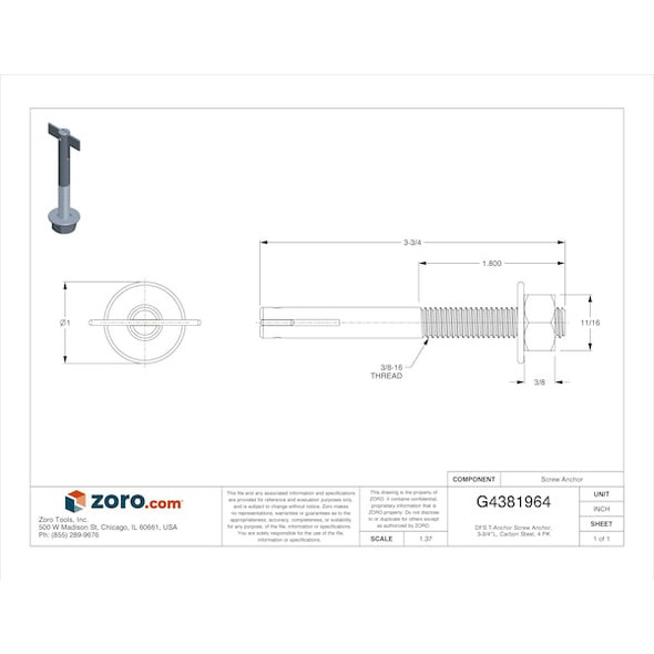 Manufacturer Varies DFS T-Anchor Screw Anchor, 3-3/4"L, Carbon Steel, 4 PK GCPT38334