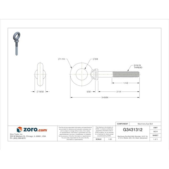 Eye Bolt With Shoulder, 5/16"-18, 2-1/4 in Shank, 5/8 in ID, Steel, Galvanized