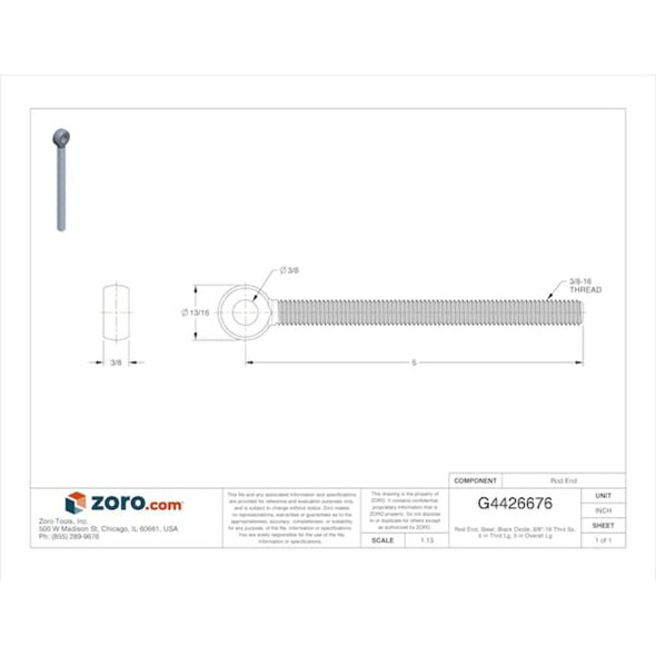 Ken Forging Rod End, Steel, Black Oxide, 3/8"-16 Thrd Sz, 5 in Thrd Lg, 5 in Overall Lg 3C-MACH