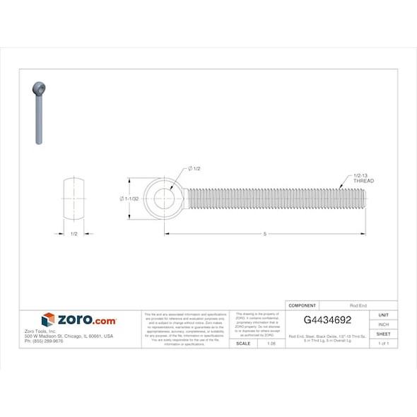 Ken Forging Rod End, Steel, Black Oxide, 1/2"-13 Thrd Sz, 5 in Thrd Lg, 5 in Overall Lg 5C-B7MACH