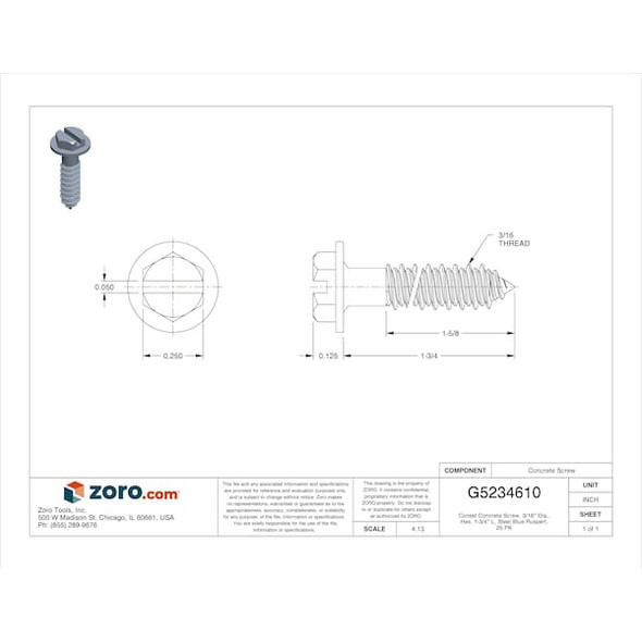 Mkt Fastening Conset Concrete Screw, 3/16" Dia., Hex, 1-3/4" L, Steel Blue Ruspert, 25 PK H3175SP