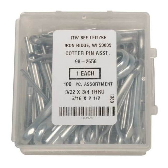 Cotter Pin Assortment, Steel, Zinc Plated, 100 Pcs