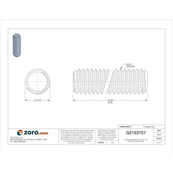 Manufacturer Varies Fully Threaded Rod, 3/8"-16, 6 ft, Nylon, 6/6, Plain Finish RTH-3816-72