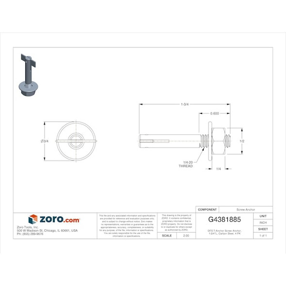 Manufacturer Varies DFS T-Anchor Screw Anchor, 1-3/4"L, Carbon Steel, 4 PK GCPT14134