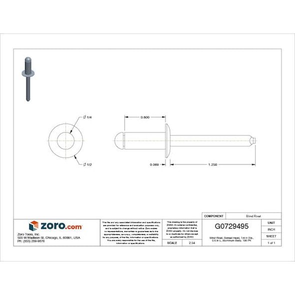 Blind Rivet, Dome Head, 1/4 in Dia., 19/32 in L, Aluminum Body, 100 PK