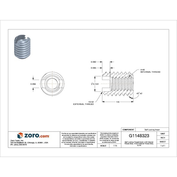 E-Z Lok Thread Insert,Stl,4-40,1/4 L,PK10 329-004-PK10