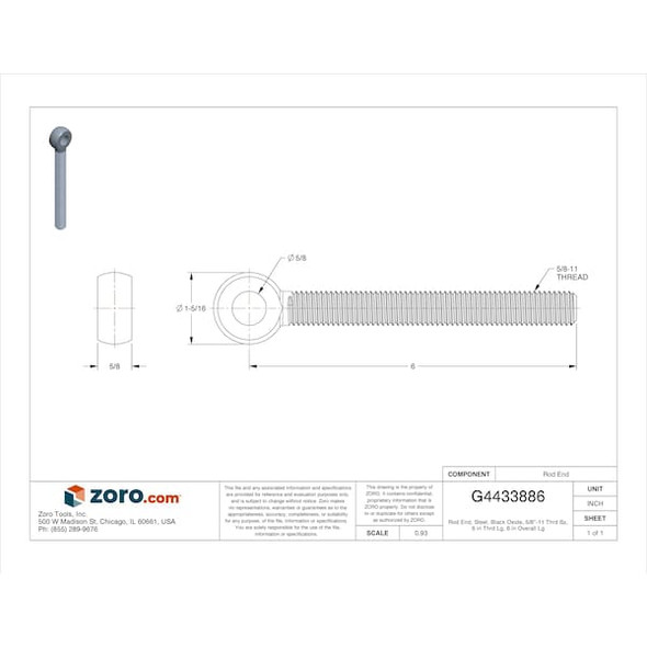 Ken Forging Rod End, Steel, Black Oxide, 5/8"-11 Thrd Sz, 6 in Thrd Lg, 6 in Overall Lg 6E-MACH