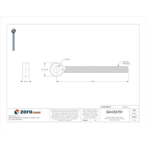 Rod End, Steel, Black Oxide, 5/16"-18 Thrd Sz, 3 1/2 in Thrd Lg, 3-1/2 in Overall Lg