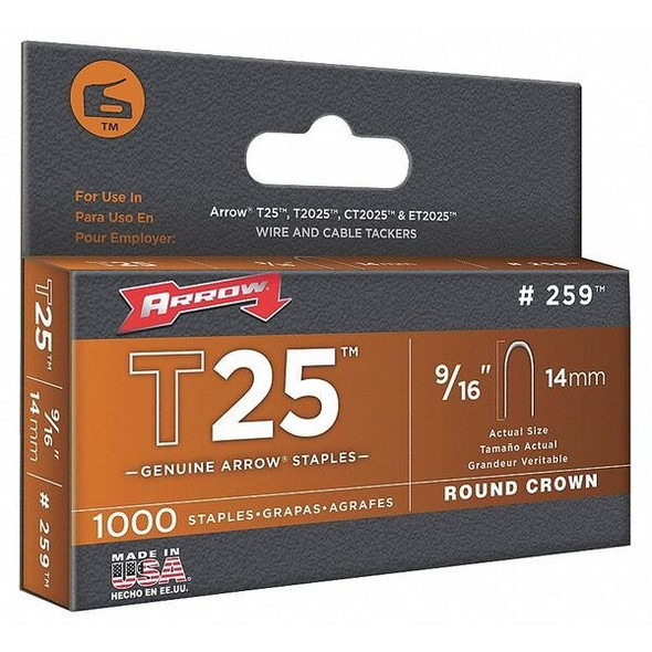 Cable Staples, T25, - ga, Round Crown, 9/16 in Leg L, Steel, 1100 PK