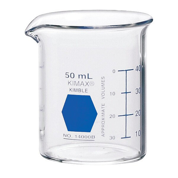 Kimble Chase Beaker,50 mL,53 mm H,42 mm Dia,PK12 14000B-50