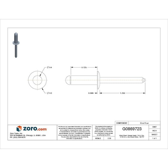 Stanley Engineered Fastening Blind Rivet,1/4 Dia,0.725 L,PK100 AD88BS203 Stanley Engineered Fastening Blind Rivet,1/4 Dia,0.725 L,PK100 AD88BS203