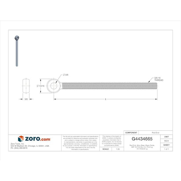 Rod End, Alloy Steel, Black Oxide, 3/8"-16 Thrd Sz, 6 in Thrd Lg, 6 in Overall Lg
