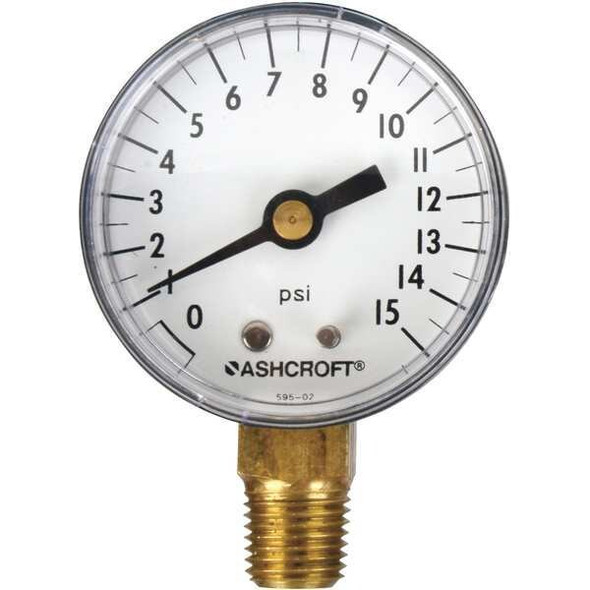 Industrial Pressure Gauge, 0 to 15 psi, 2 in Dial, 1/4 in NPT, Bottom Location