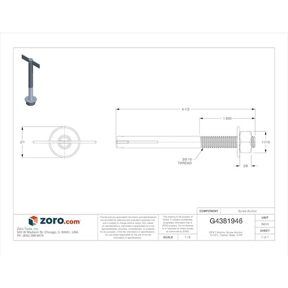 Manufacturer Varies DFS T-Anchor Screw Anchor, 4-1/2"L, Carbon Steel, 4 PK GCPT38412
