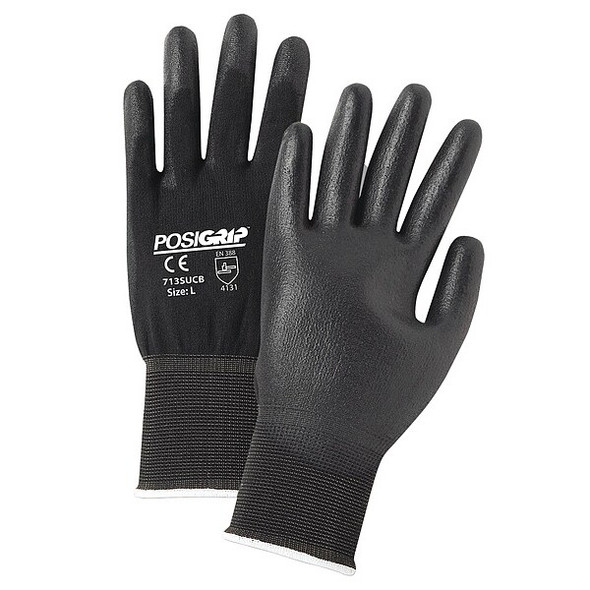 Coated Gloves, Polyurethane, Smooth, Palm, 3 Abrasion Level, Black, L 12 PK