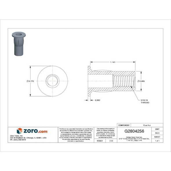Rivet Nut, 5-16"-18 Thread Size, 0.77 in Flange Dia., 1.141 in L, Steel, 5 PK  CPB2-3118-280-5