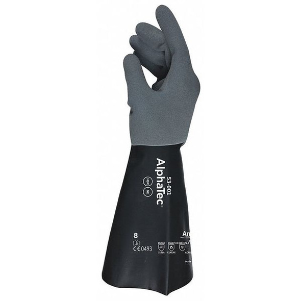 AlphaTec Chemical Resistant Gloves, Neoprene, Nitrile, 13 in L, 17 mil, Black/Gray, 8, 1 PR