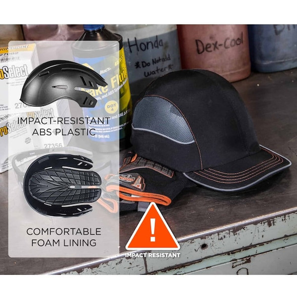 Ergodyne Bump Cap, Micro Brim Baseball, ABS, Hook-and-Loop Suspension, Black 8950