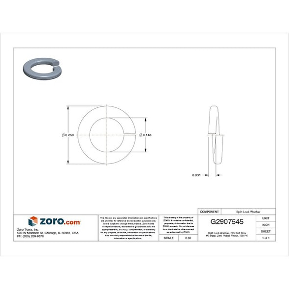 Split Lock Washer, For Screw Size #6 Steel, Zinc Plated Finish, 100 PK