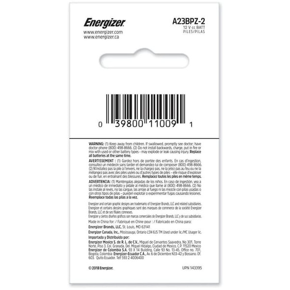 Energizer Battery,Alkaline,Size A23,12VDC,PK2 A23BPZ-2