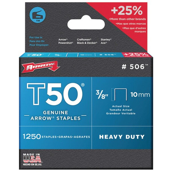 Heavy Duty Staples, T50, 18 ga, Flat Crown, 3/8 in Leg L, Steel, 1250 PK