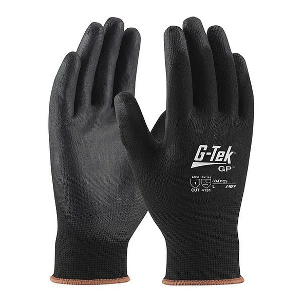Coated Gloves, Polyurethane, Smooth, Palm, 1 Abrasion Level, Black, M (8) 12 PK