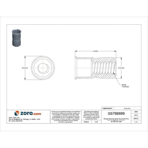 Avk Rivet Nut, #4-40 Thread Size, 0.211 in Flange Dia., 0.37 in L, 304 Stainless Steel ATC9T-440