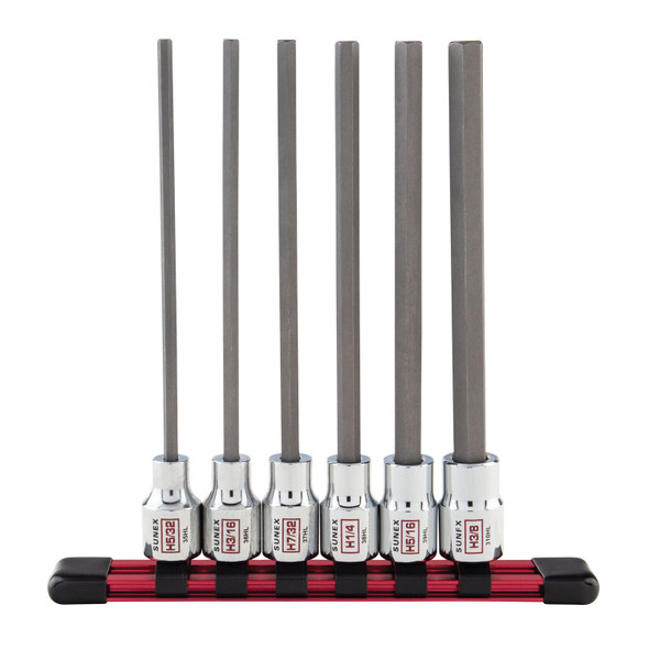 6Pc 3/8" Drive Chrome Long Hex Bit Socket Rail - SAE 936HL