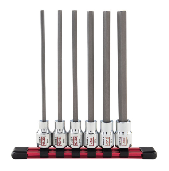 6Pc 3/8" Drive Chrome Long Hex Bit Socket Rail - SAE 936HL