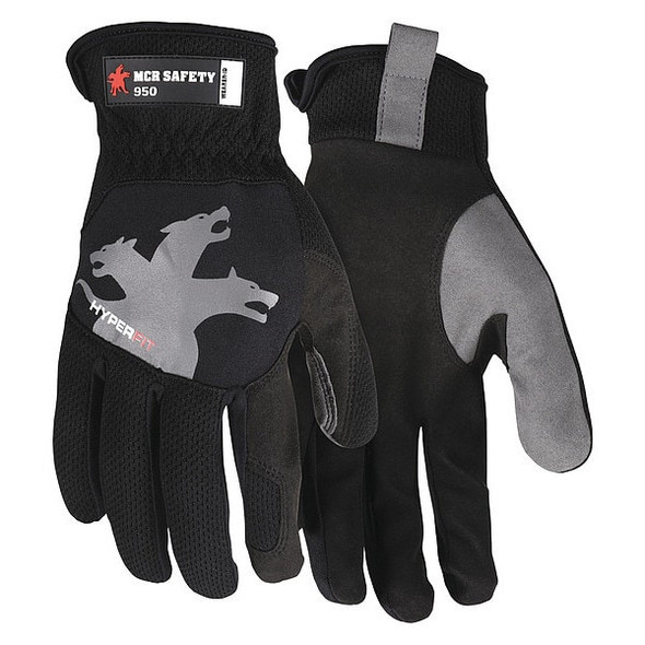 950 Mechanics Gloves, Synthetic Leather Palm, Spandex Back, M, Black/Gray