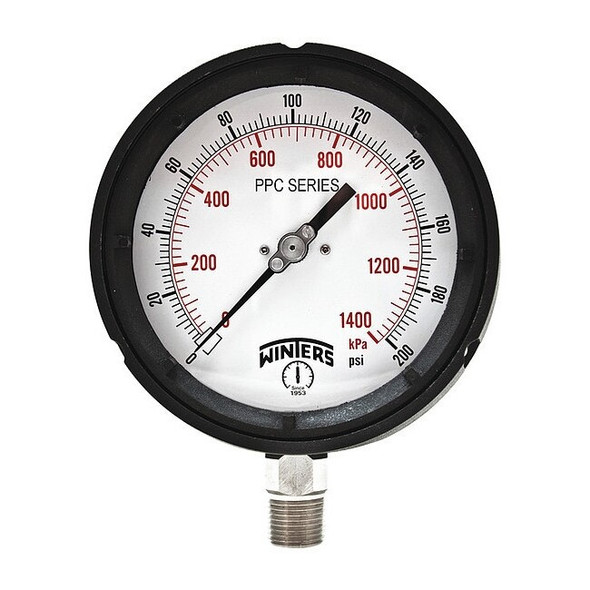 Process Pressure Gauge, 0 to 200 psi, 4 1/2 in Dial, 1/2 in NPT, Bottom Location