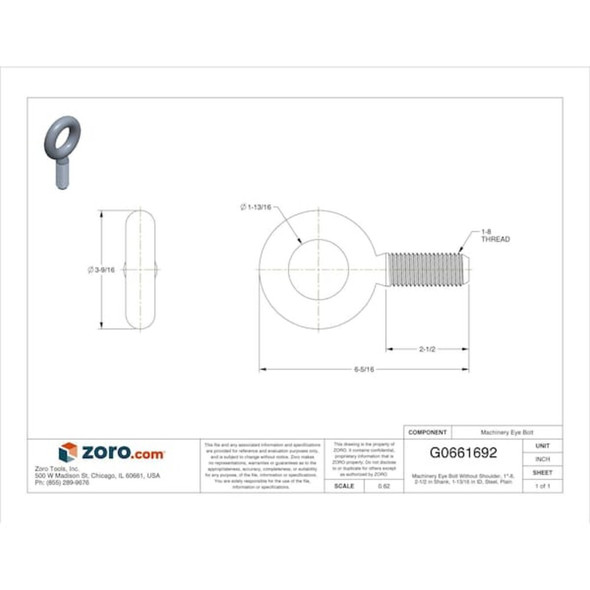 Eye Bolt Without Shoulder, 1"-8, 2-1-2 in Shank, 1-13-16 in ID, Steel, Plain  K2010