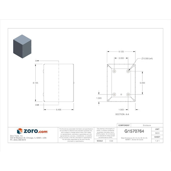 Wiegmann Captive Screws Electrical Enclosures, 8 in H, 6 in D, 6 in W, 1, Steel SC060806GNK