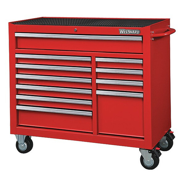 WESTWARD Rolling Tool Cabinet, 11-Drawers, Gloss Red, 42" W x 19" D x 40" H