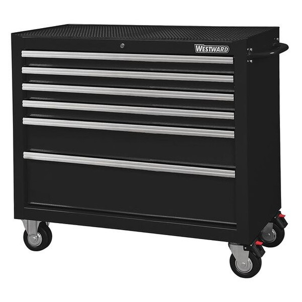 WESTWARD Rolling Tool Cabinet, 6-Drawers, Gloss Black, 42" W x 19" D x 40" H