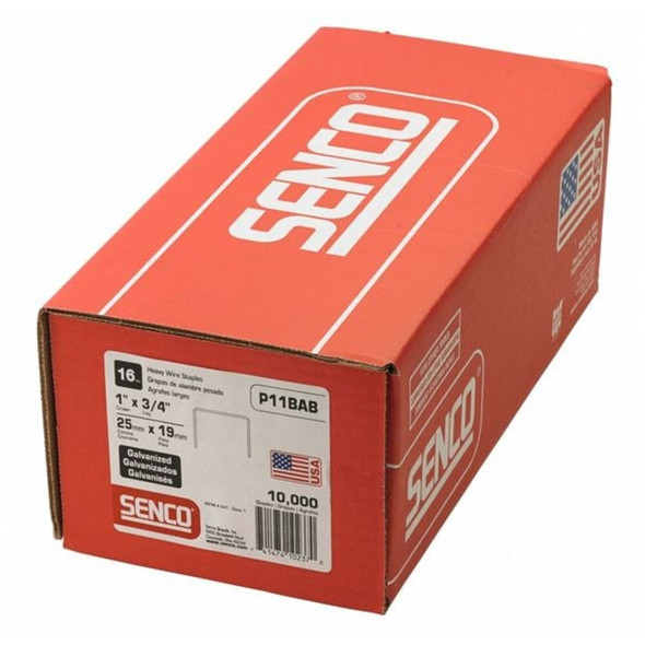 Senco Staples, 16 ga, Standard Crown, 3-4 in Leg L, Steel, 10000 PK P11BAB