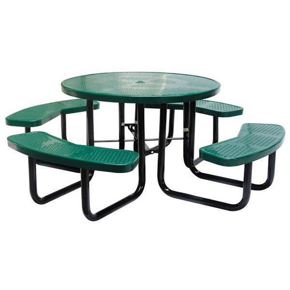 81 in Dia Round Picnic Table, 4 Benches, Perforated Metal, Thermoplastic, Green