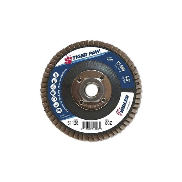 Tiger Paw™ TY29 Coated Abrasive Flap Disc, 4-1/2",80 Grit, 5/8 Arbor, 13,000 RPM