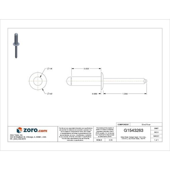 Stanley Engineered Fastening Blind Rivet,1/4 Dia,0.850 L,PK100 AD810BS203 Stanley Engineered Fastening Blind Rivet,1/4 Dia,0.850 L,PK100 AD810BS203