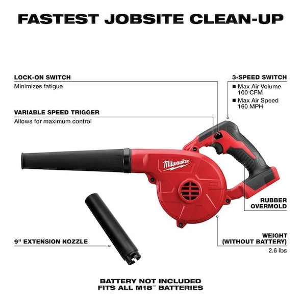 M18 Compact Handheld Blower, Bare Tool, 18V, 100 cfm Max Air Flow, 160 mph Max Air Speed