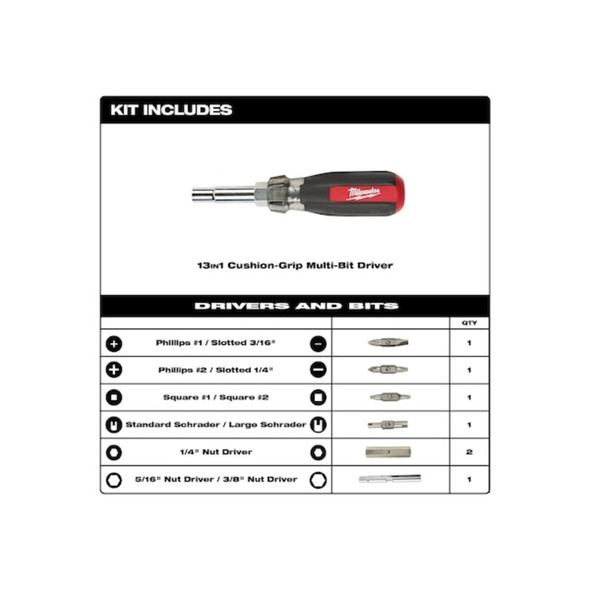 Milwaukee Tool 13in1 Cushion Grip Screwdriver w-Schrader Bit 48-22-2881