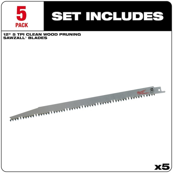 Milwaukee Tool 12 in L x 5 TPI Reciprocating Saw Blade, 5 PK 48-00-1303